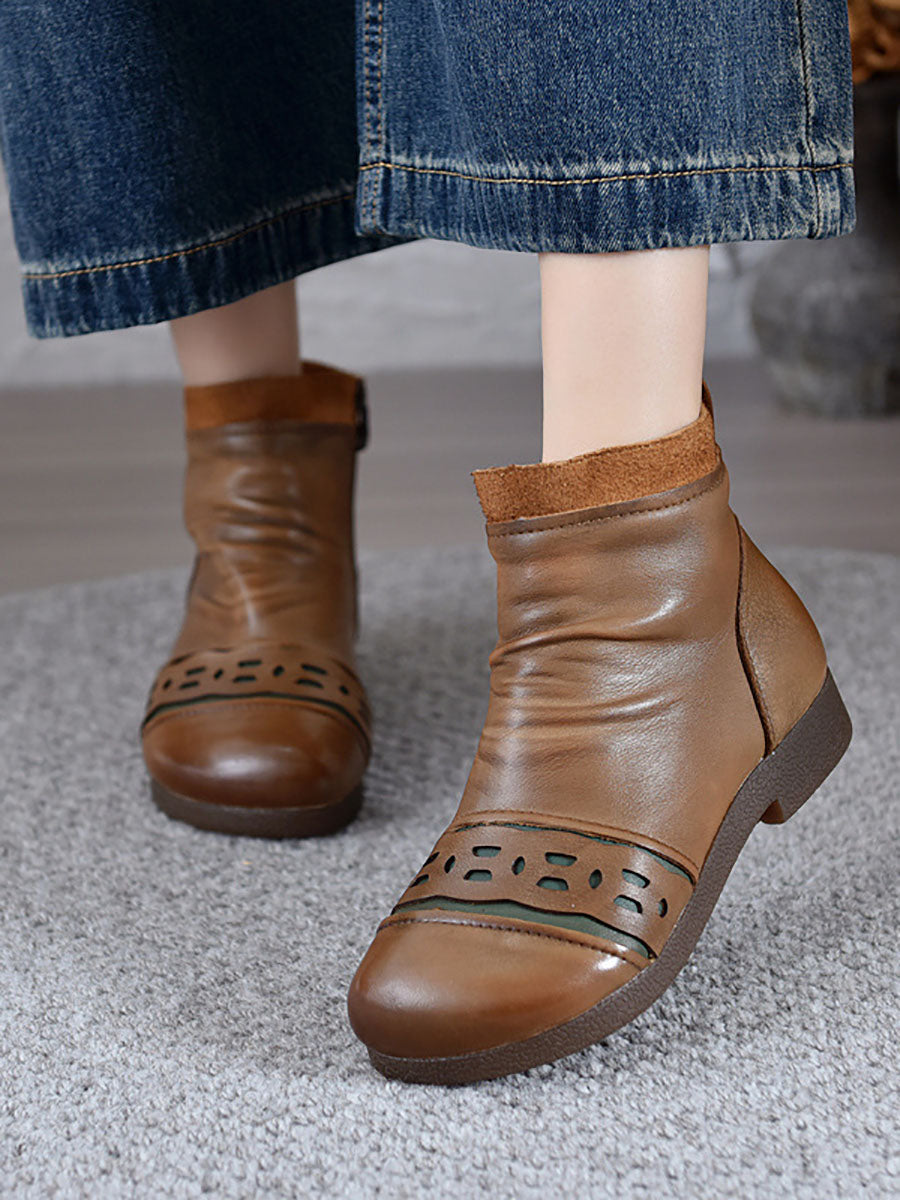 Vintage Leather Spliced Low Heel Ankle Boots