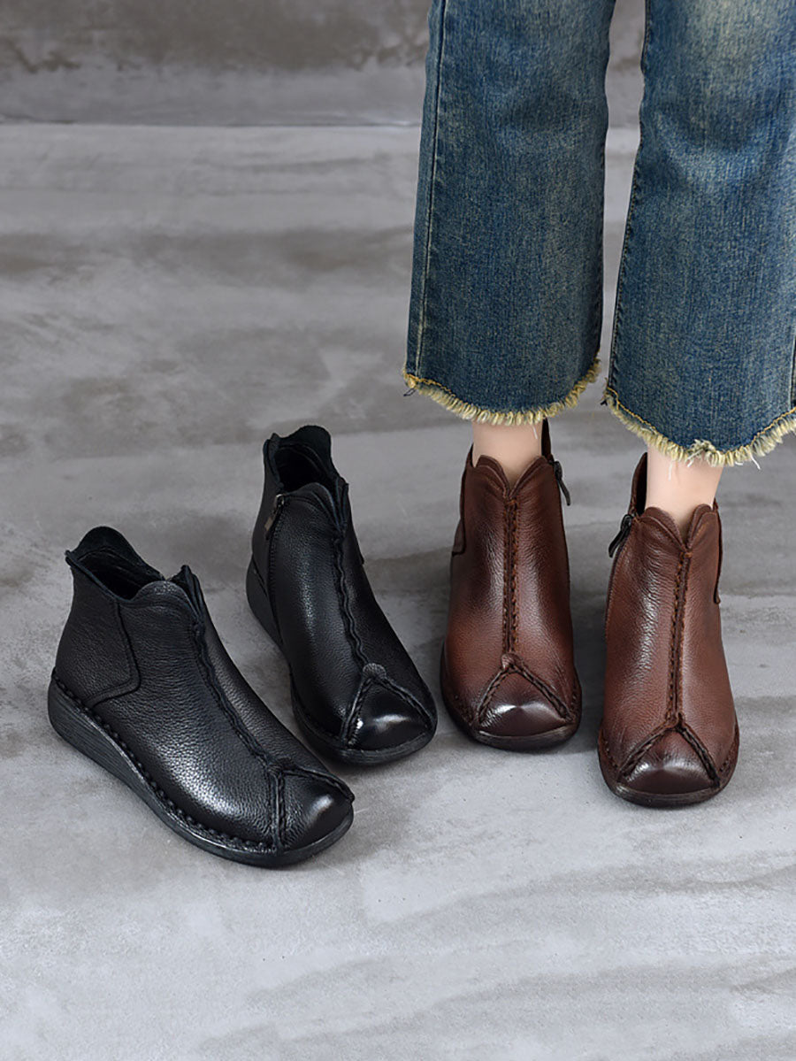 Vintage Genuine Leather Spliced Low Heel Boots