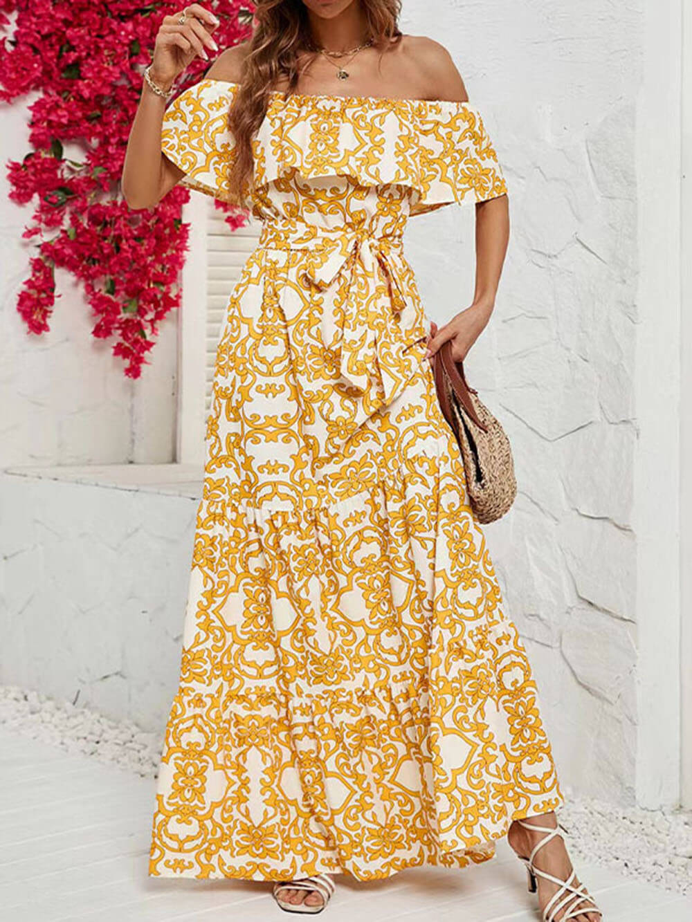 One-Shoulder Short-Sleeve Printed Ruffle Maxi Dress - Fashionpara