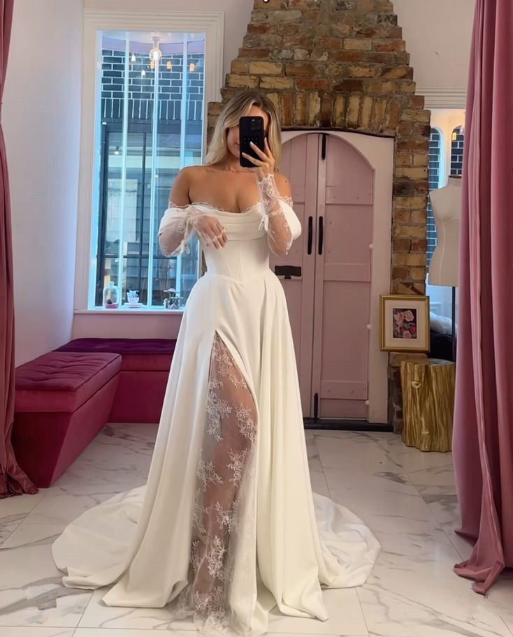 Sexy Slit Off Shoulder Lace Long Sleeves Wedding Dress