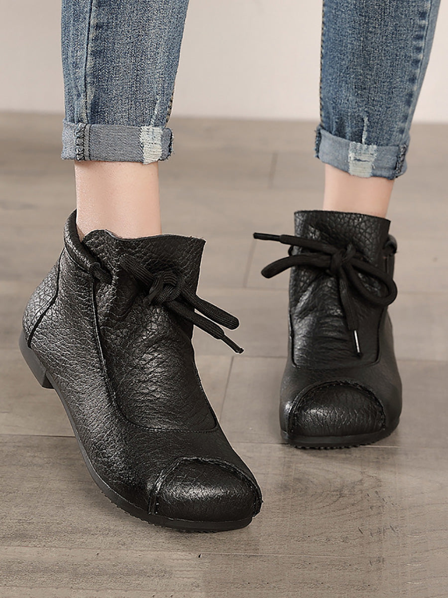 Retro Soft Leather Spliced Strap Low Heel Boots