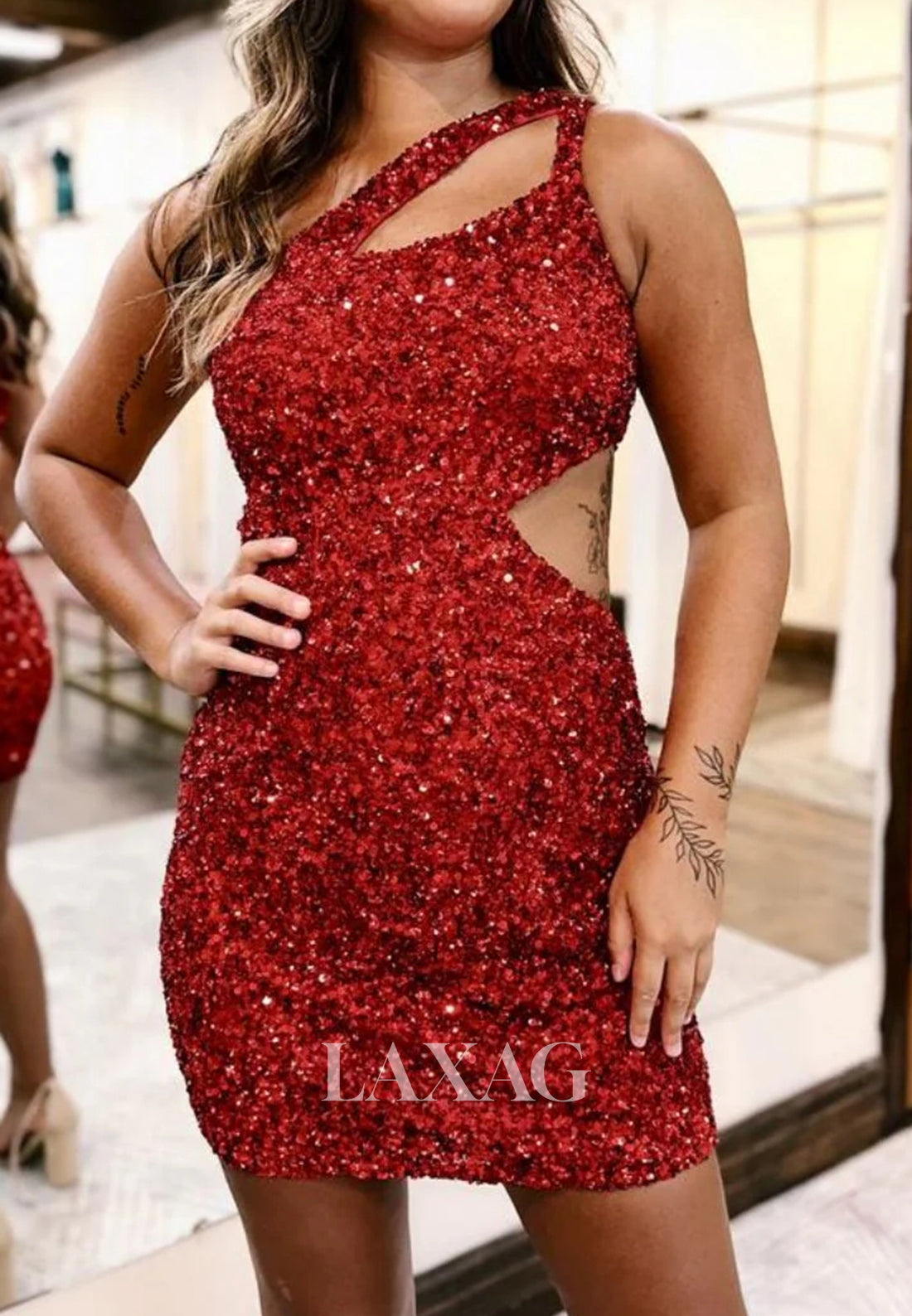 Asymmetrical-Neck Sleeveless Cutout Fully Sequined Mermaid Party Homecoming Dress