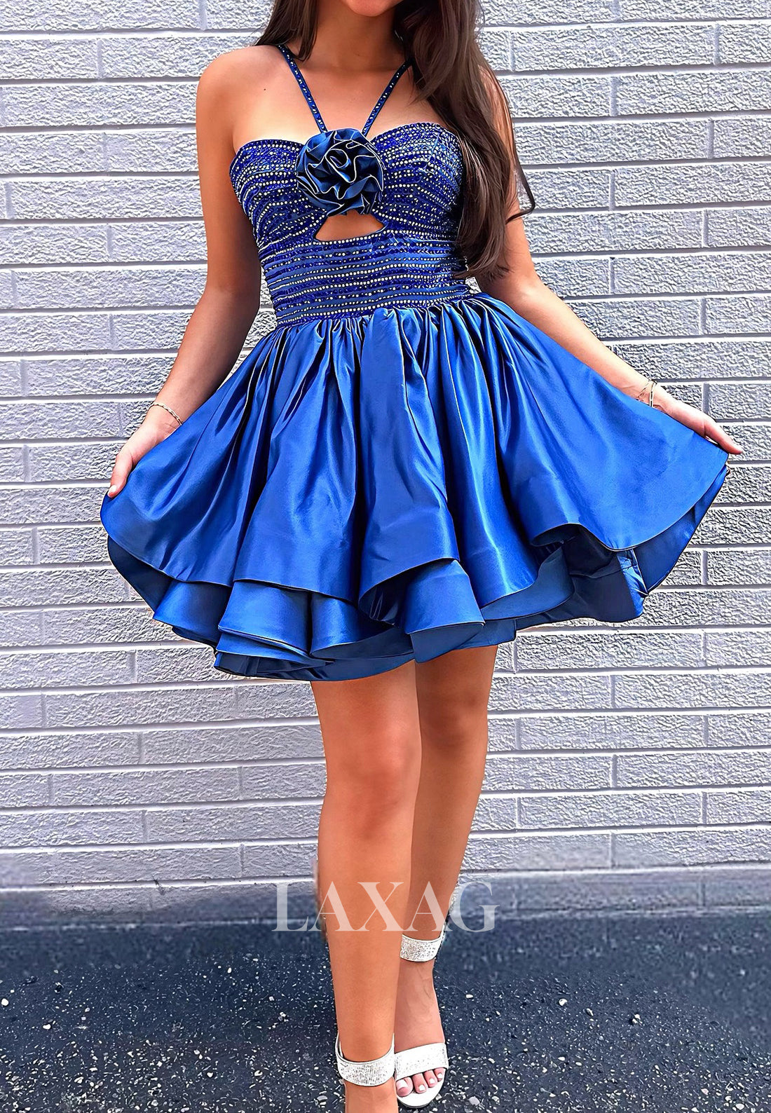 Spaghetti Straps Floral Embellished Beaded Satin Sweetheart A-Line Party Homecoming Dress
