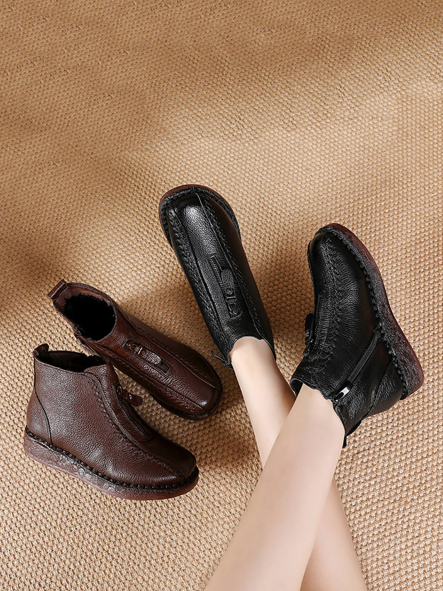 Winter Vintage Leather Fleece-lined Low Heel Boots