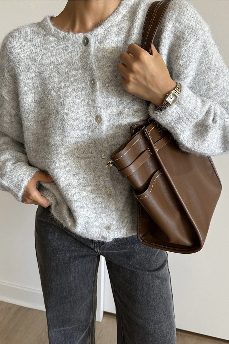 Soft Gray Vintage Knit Cardigan with Elegant Shell Buttons