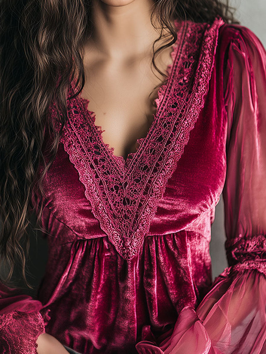 Romantic Hot Pink Velvet & Lace Sheer Puff Sleeve Blouse - Fashionpara