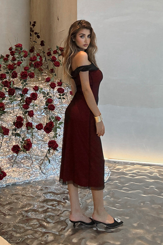 Off-Shoulder Mesh Colorblock Bodycon Party Dress - Fashionpara