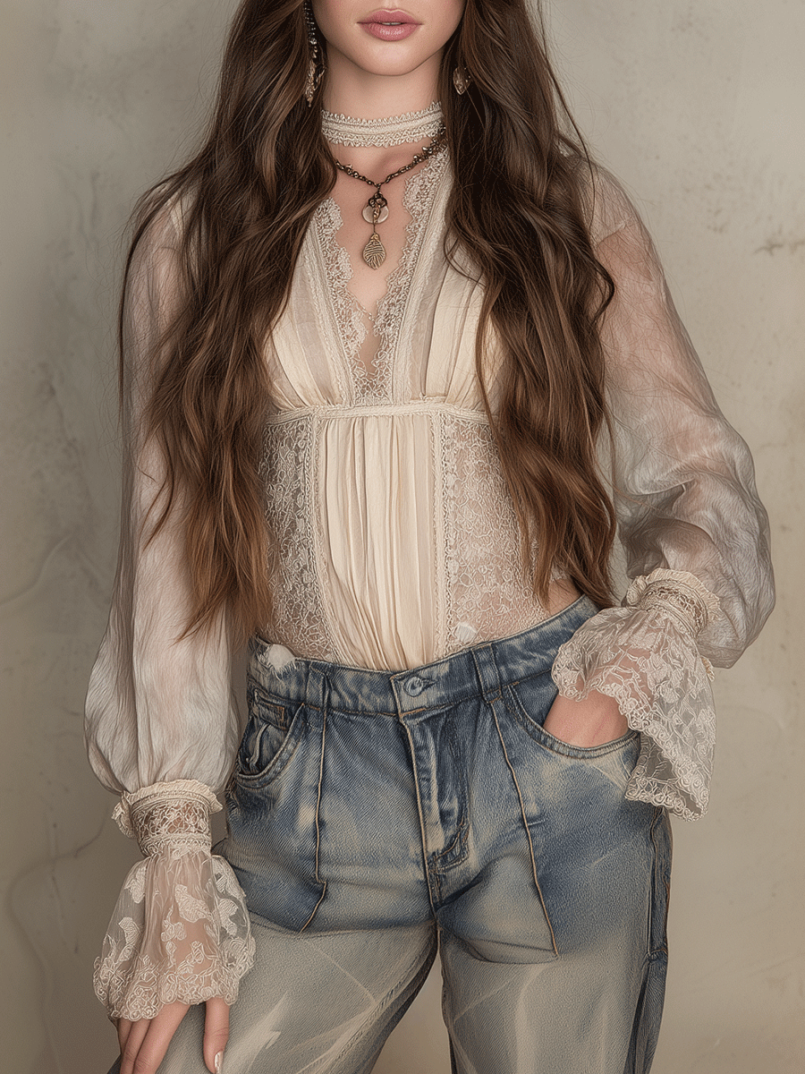 Vintage Boho Ivory Sheer Lace Peplum Blouse