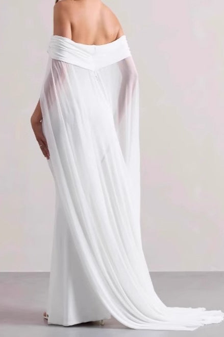 Off Shoulder Cape Sleeve Ruched Mermaid Gown - View 2