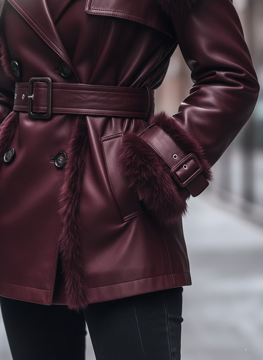 The Luxe Mulberry Fur-Trimmed Leather Coat