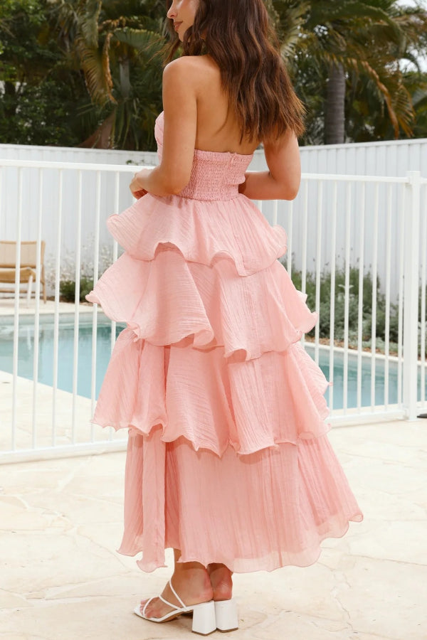 Pure Color Sexy Tube Top Backless Multi-layered Maxi Dress - Fashionpara