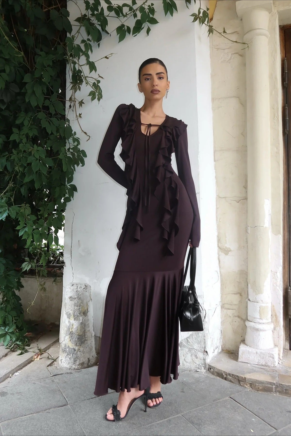 Ruffle Tie-Front Long Sleeve Fishtail Maxi Dress
