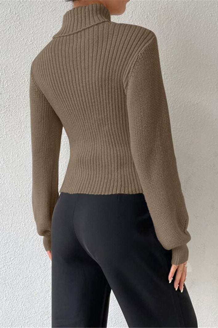 Cutout Turtleneck Balloon Sleeve Knit Sweater