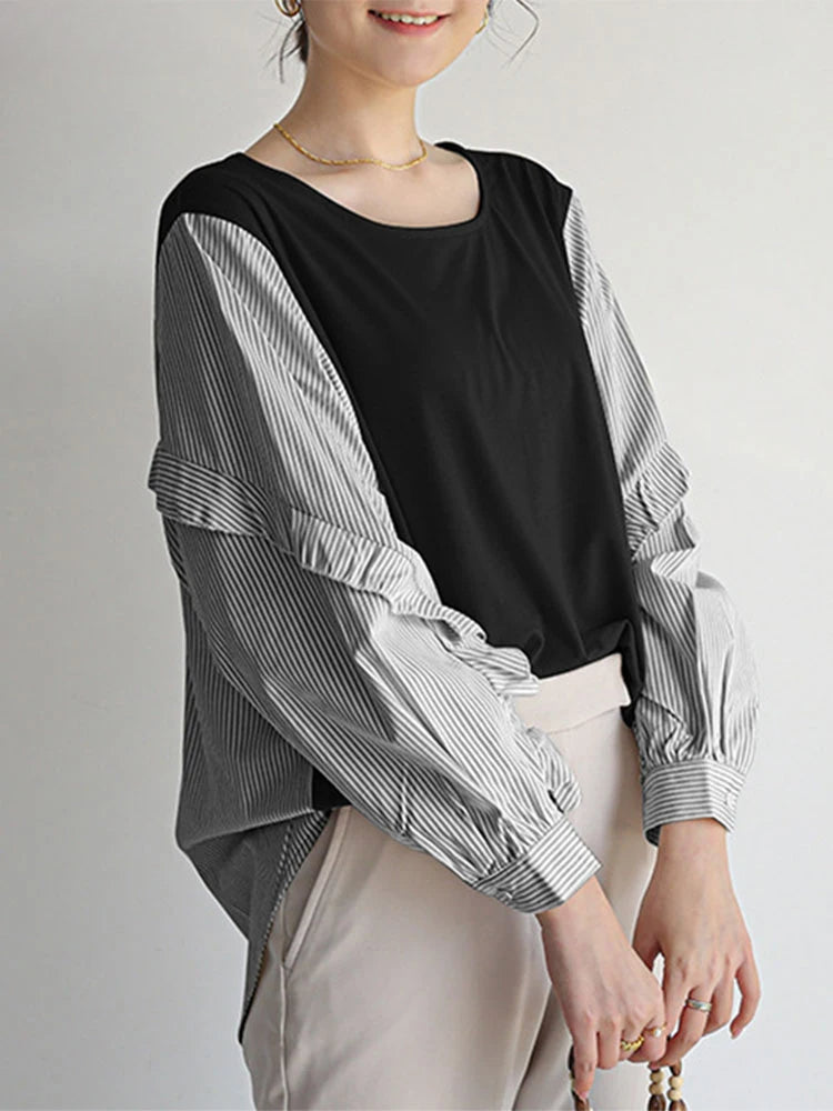 Stripe Patchwork Ruffled Casual Blouse