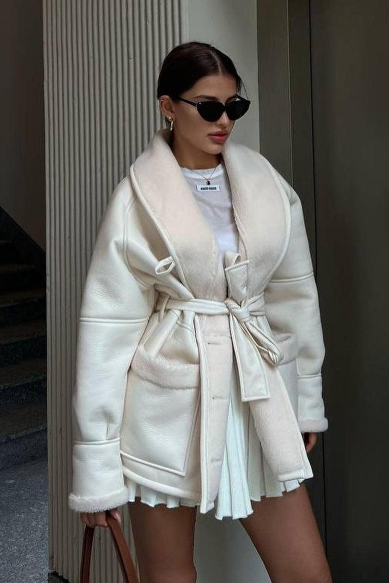 Long Sleeve Faux Shearling Coat - Fashionpara