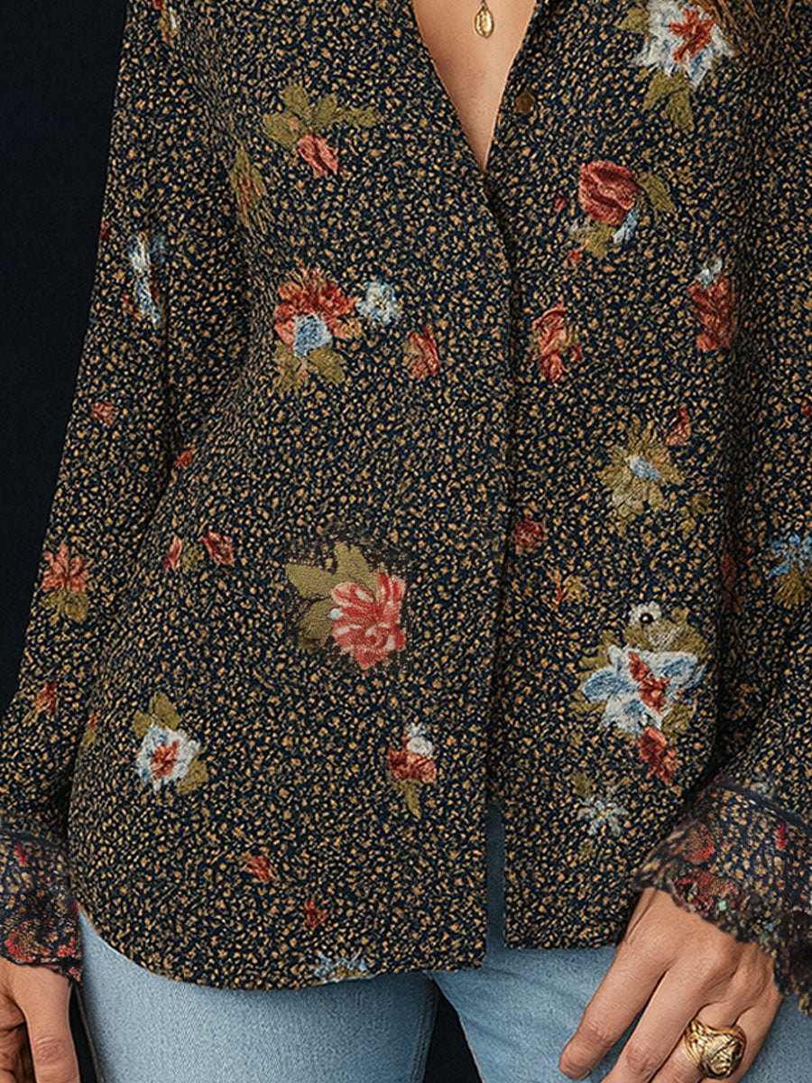 Retro Floral Print Curved Hem Ruffled Sleeves Blouse - Fashionpara