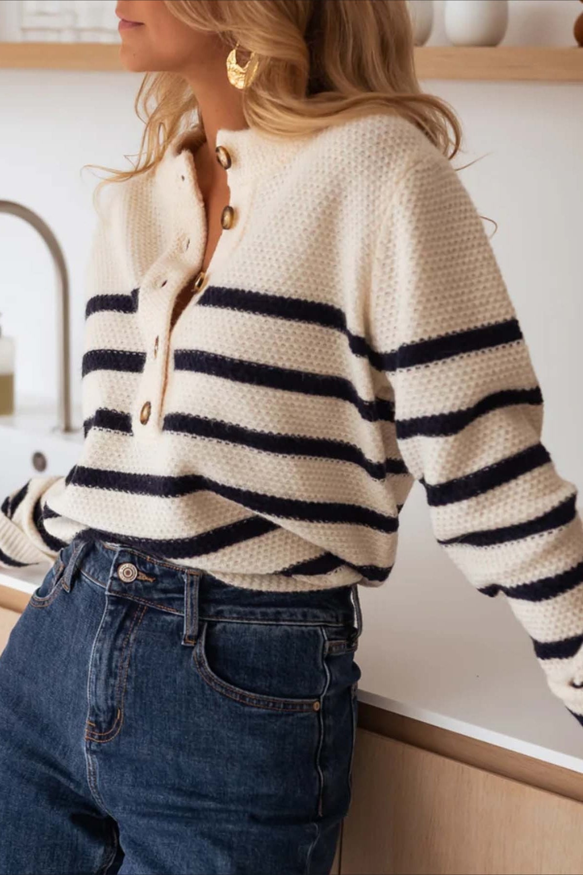 Button Front Stripe Knit Pullover Blouse
