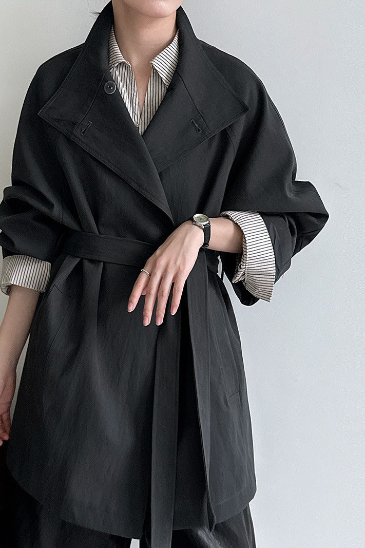 Sophisticated British-Style Mid-Length Stand-Collar Trench Coat