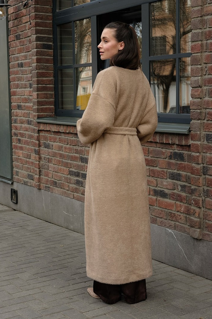 Chenille V Neck Belted Coat - Fashionpara