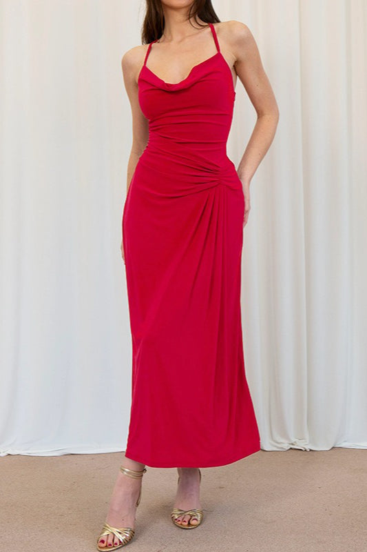 Satin Spaghetti Strap Cowl-Neck Ruched Maxi Dress