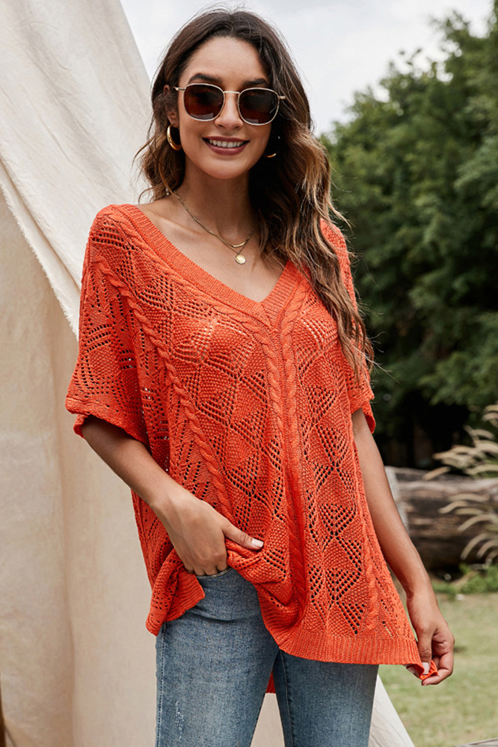 Hollowed Bat Sleeve Knit Shawl