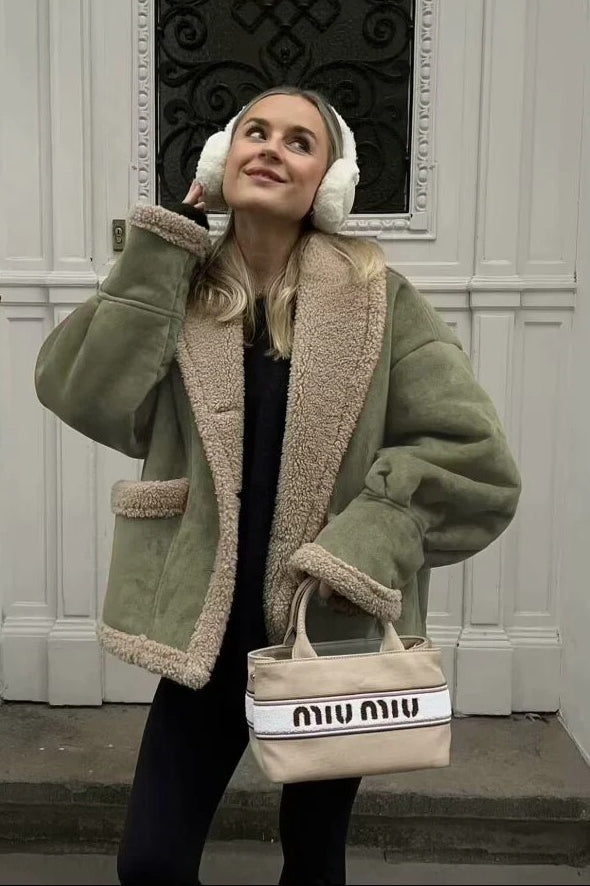 Lapel Faux Suede Shearling Coat - Fashionpara