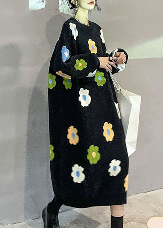 Knit Floral Print Oversized Crew Neck Long Sleeve Maxi Sweater Dress