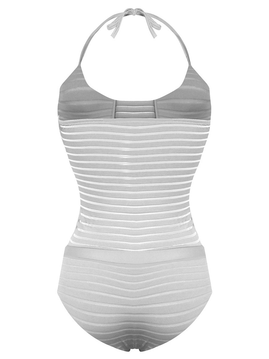 Stripe Mesh Panel Halter Straps One Piece Swinsuit - Fashionpara