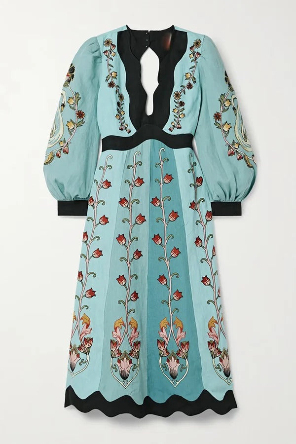 Flowing Beauty Linen Blend Floral Print Balloon Sleeve Open Back Midi Dress - Fashionpara