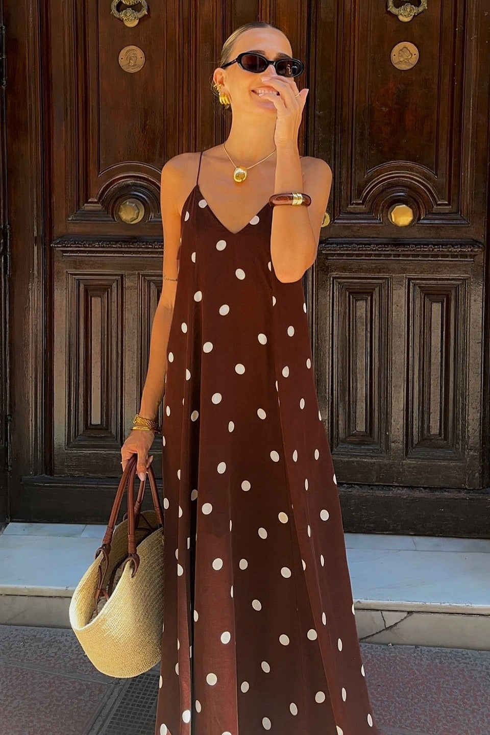 Polka Dot V-Neck Spaghetti Strap Slip Maxi Dress 3