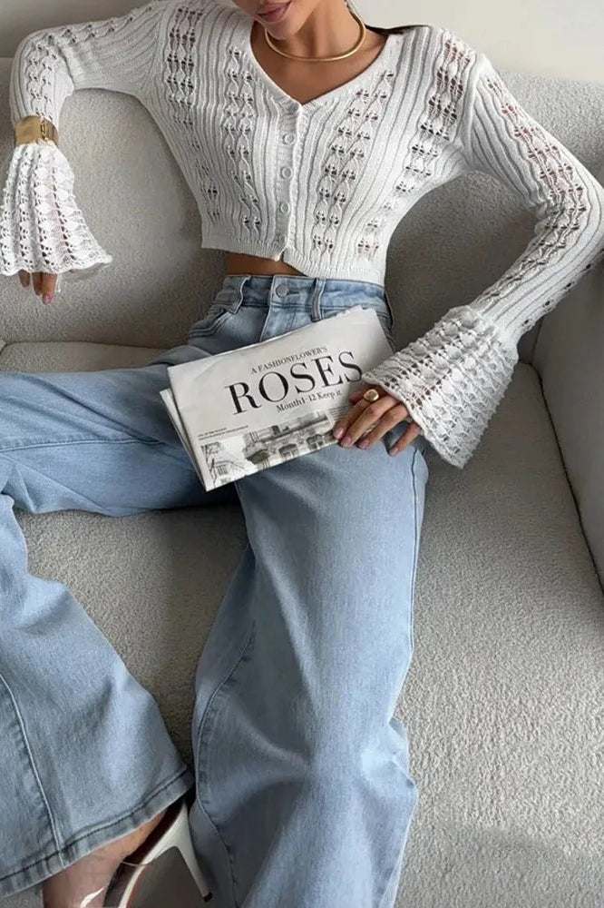 Hollow Out Knit V Neck Long Sleeve Cardigan 3