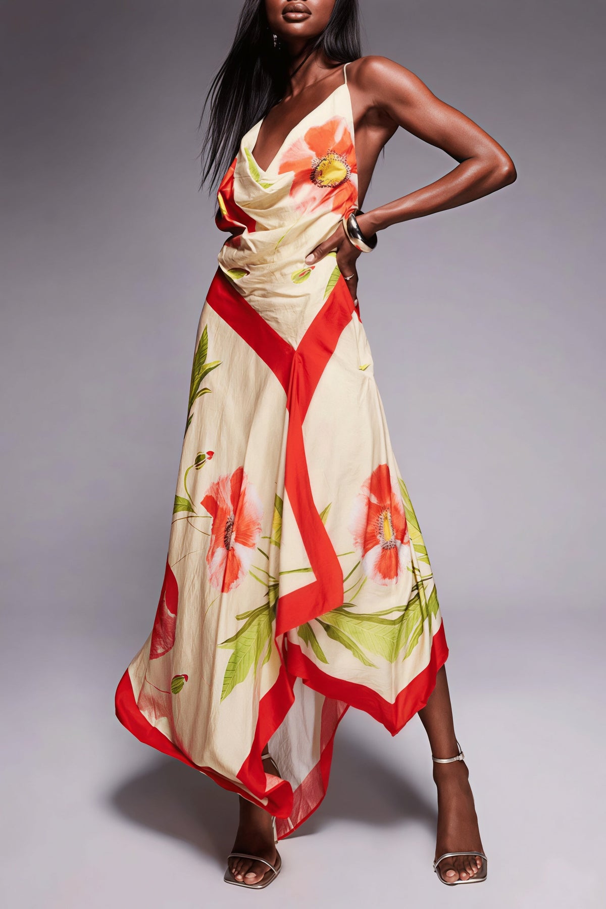 Floral Print Cowl Neck Handkerchief Hem Midi Dress 3