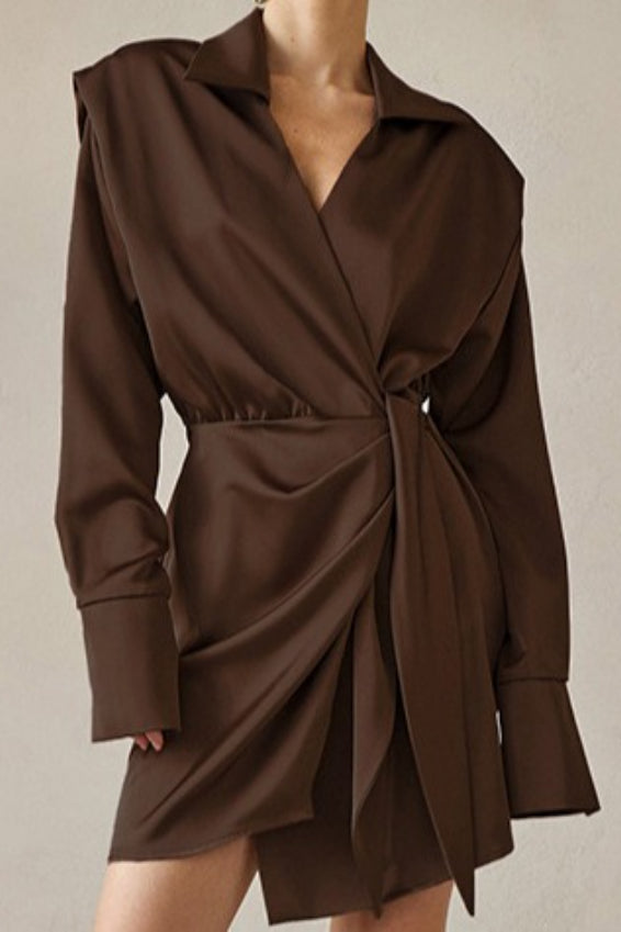 Collared Long Sleeve Wrap Tie Satin Mini Shirt Dress 4