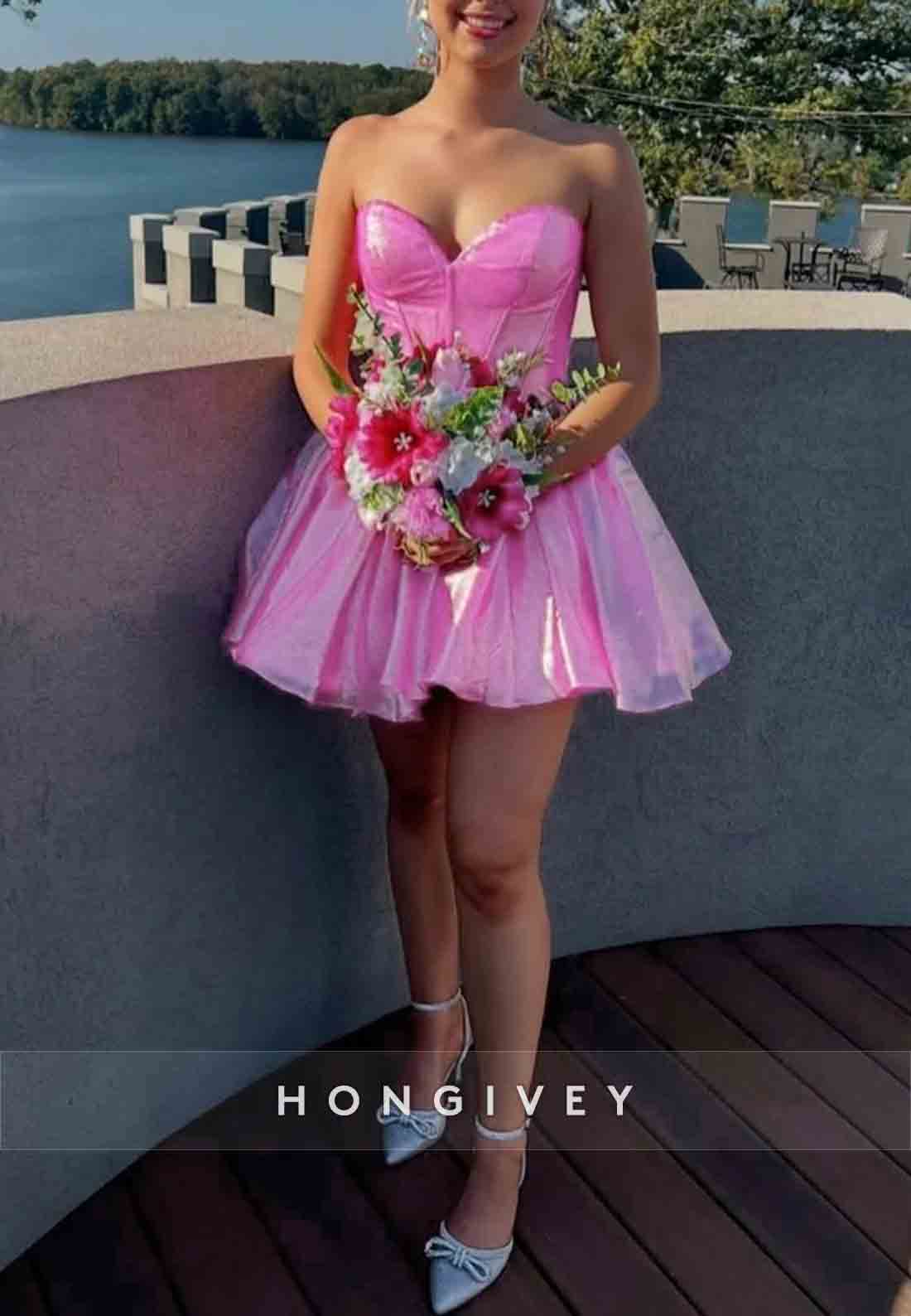 Strapless A-Line Pleated Sweetheart Low Back Short Homecoming Dresses