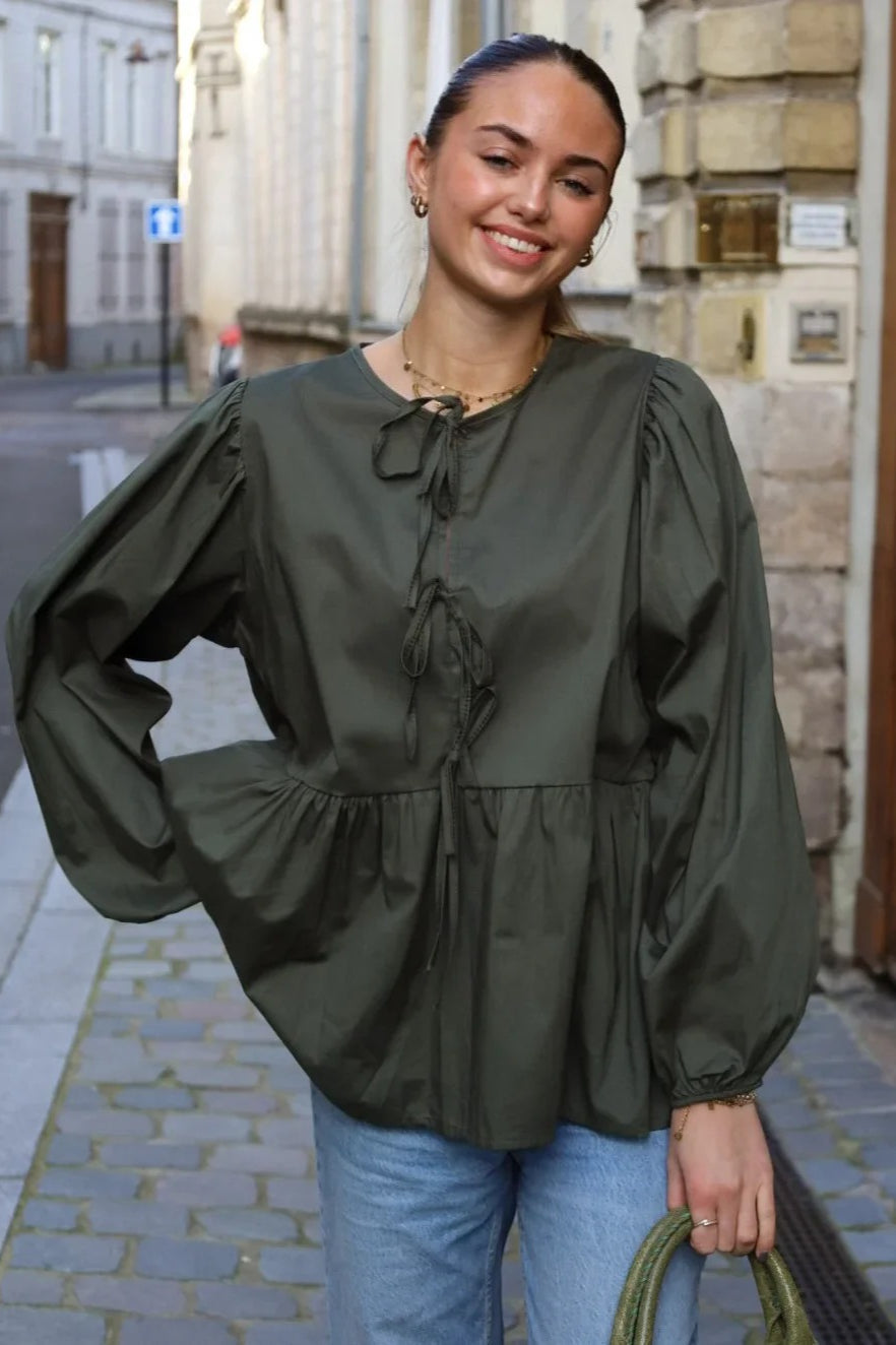 Striped Loose Fit Lace-Up Round Neck Blouse