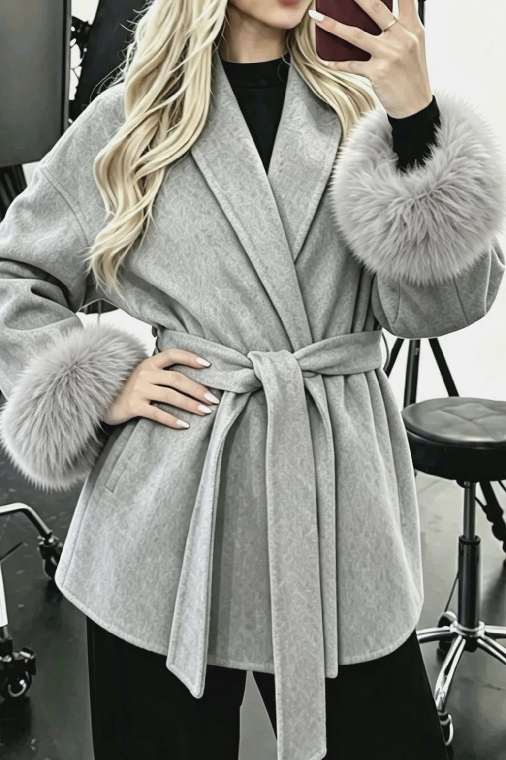 Fur Cuff Belted Wrap Coat