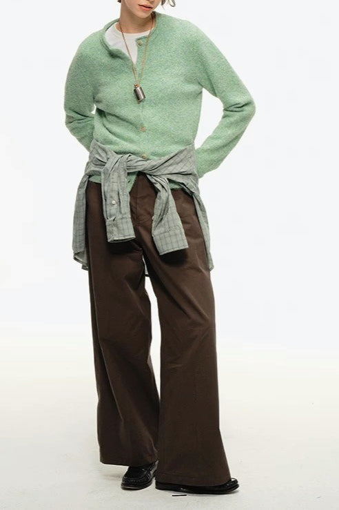 Chic Retro Crew-Neck Green Knit Cardigan for Effortless Style