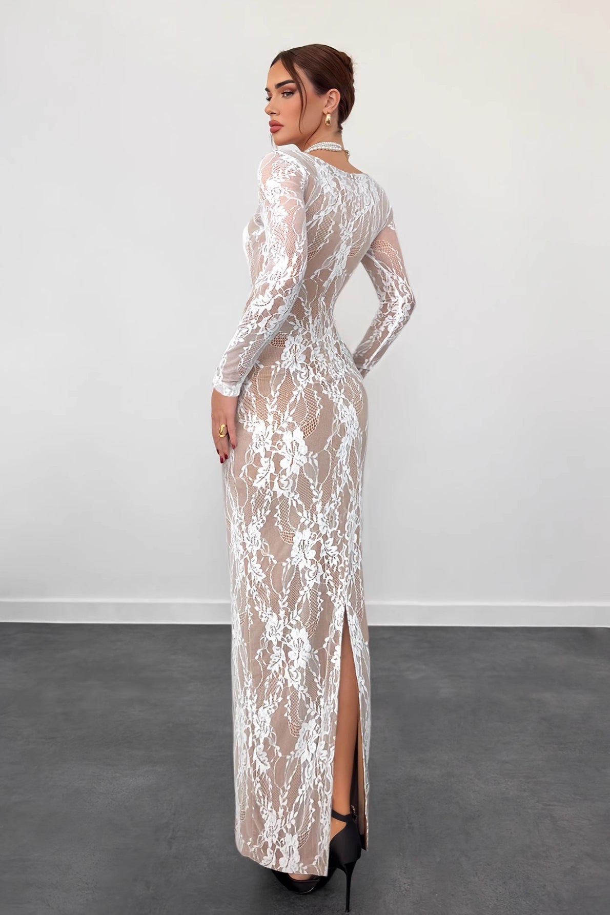 Elegant Square Neck Long Sleeve Lace Dress in White - View 2