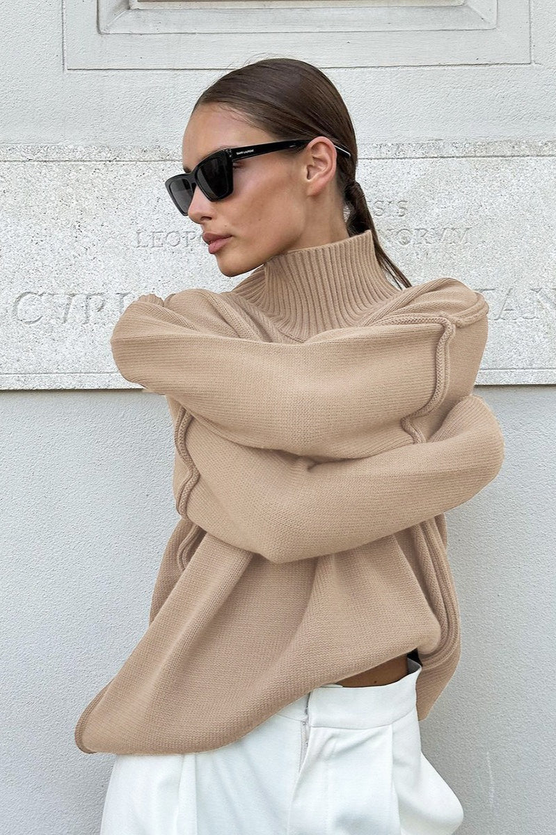 High Neck Patchwork Knit Sweater for Effortless Style