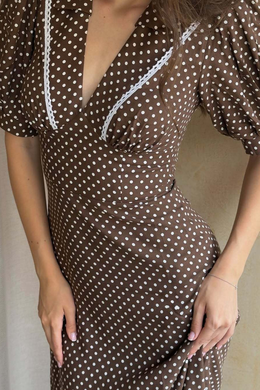 Polka Dot Collared V-Neck Puff Sleeve Midi Dress