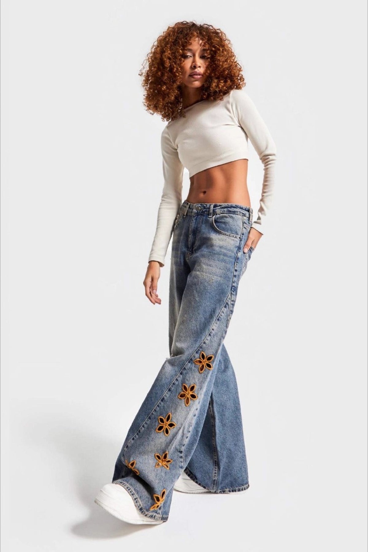 High Waist Embroidered Wide Leg Loose Fashionable Jeans
