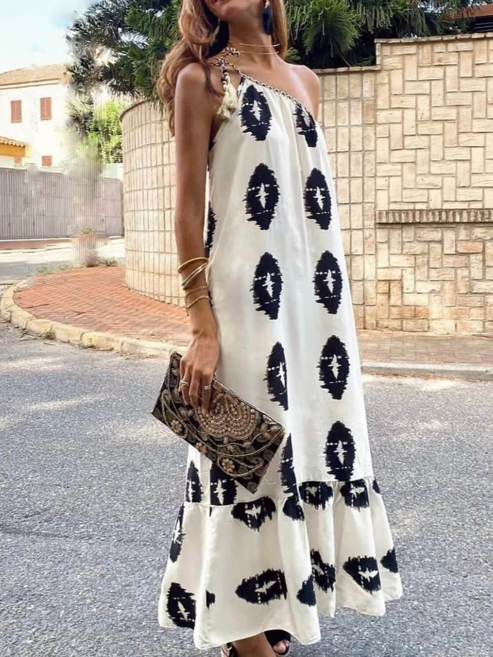 Sunshine Ethnic Print One Shoulder Loose Maxi Dress - Fashionpara