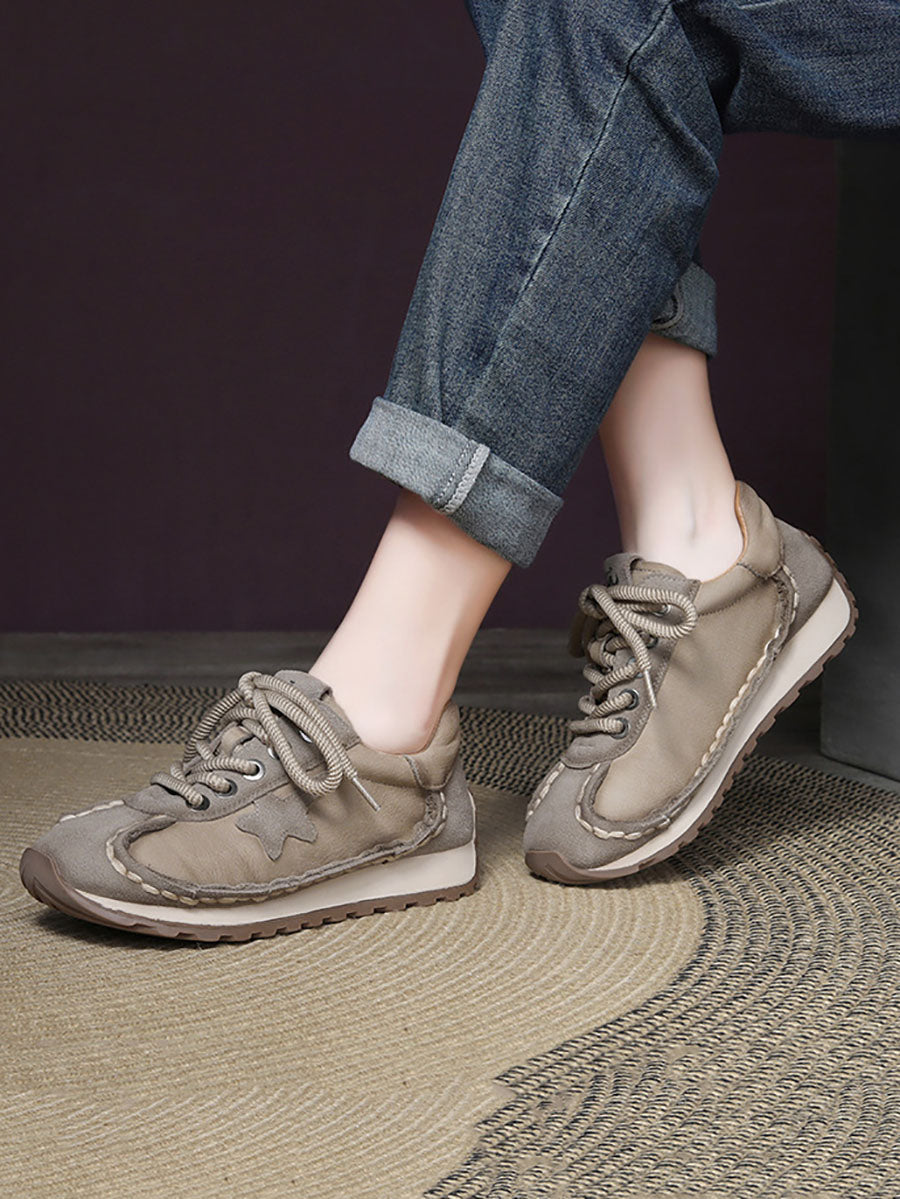 Retro Leather Colorblock Low Heel Sport Shoes