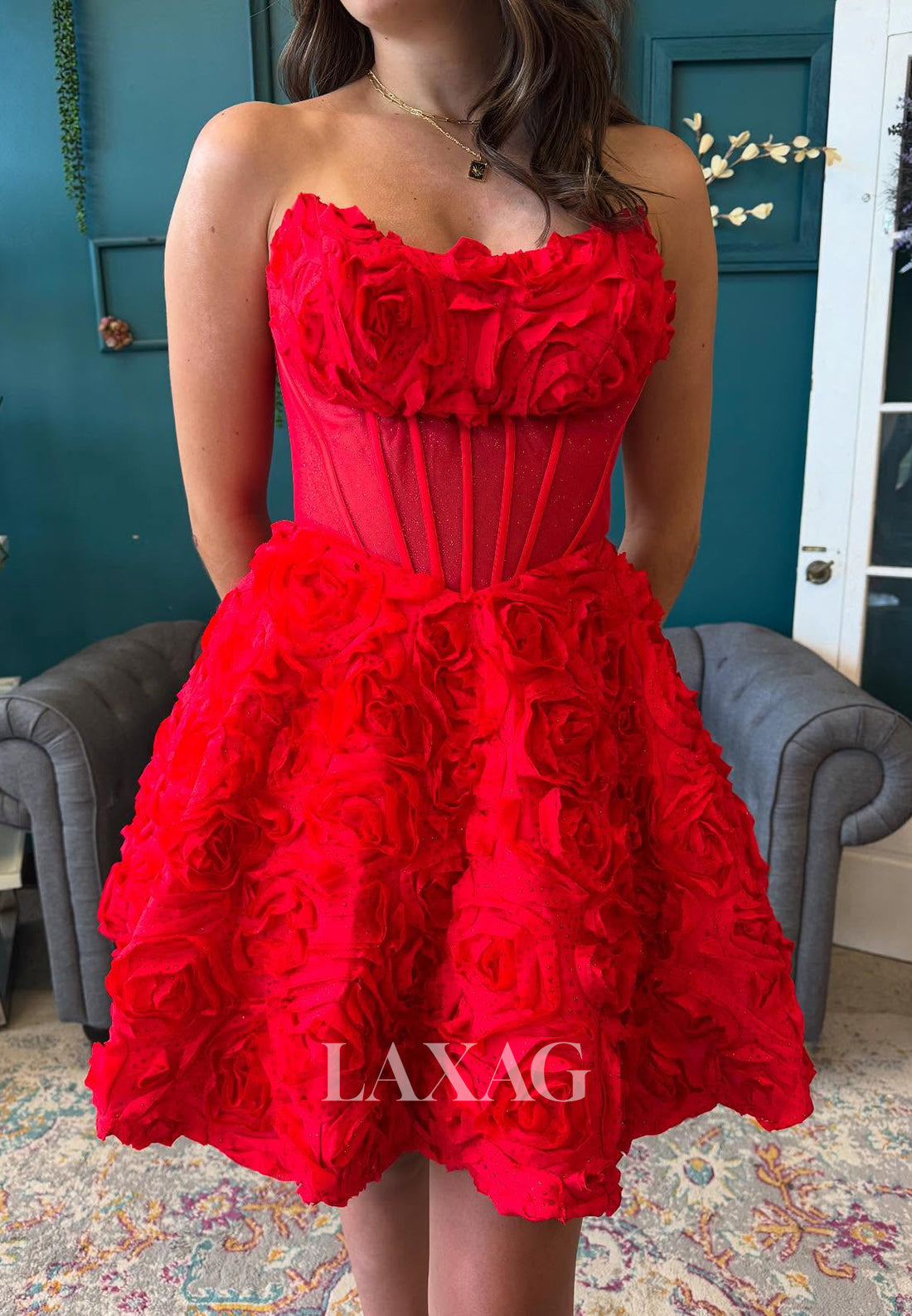 Scoop-Neck Off-Shoulder Sleeveless Floral Embellished Pleated A-Line Homecoming Dress