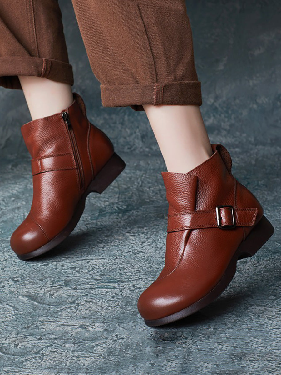 Vintage Autumn Soft Leather Buckle Low Heel Boots