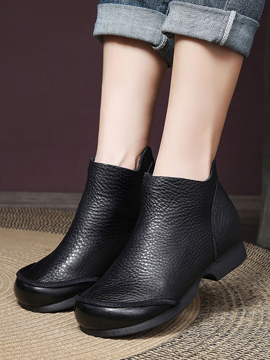 Elegant Solid Leather Spliced Low Heel Boots