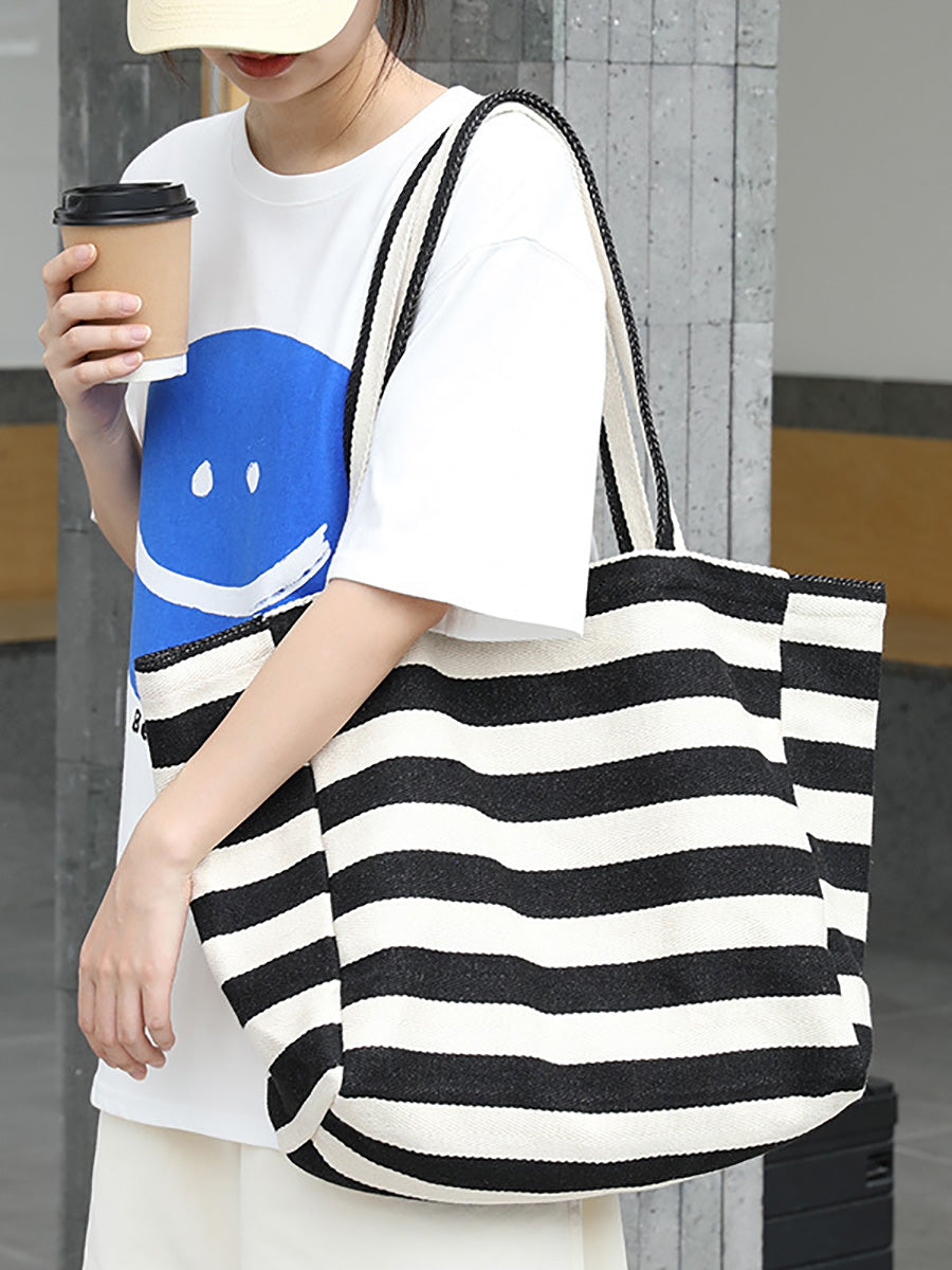 Casual Stripe Canvas Large Capacity Shoulder Bag