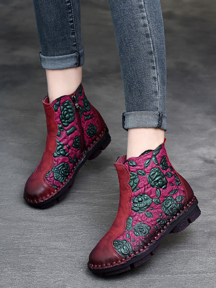 Retro Flower Leather Spliced Zipper Low Heel Boots