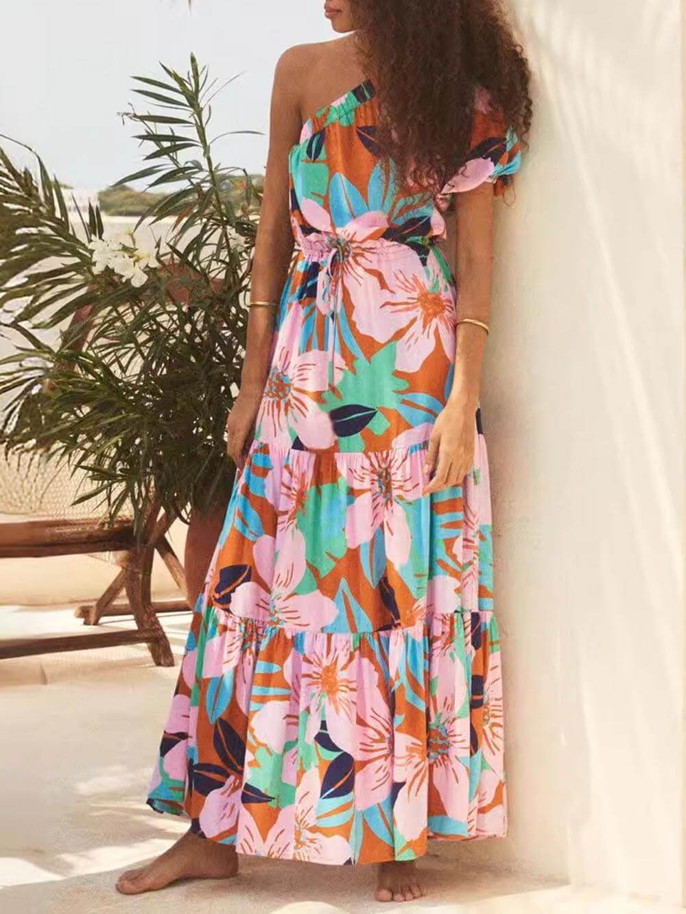 Palm Leaf Print Off-Shoulder Holiday Style Floral Dress - Fashionpara