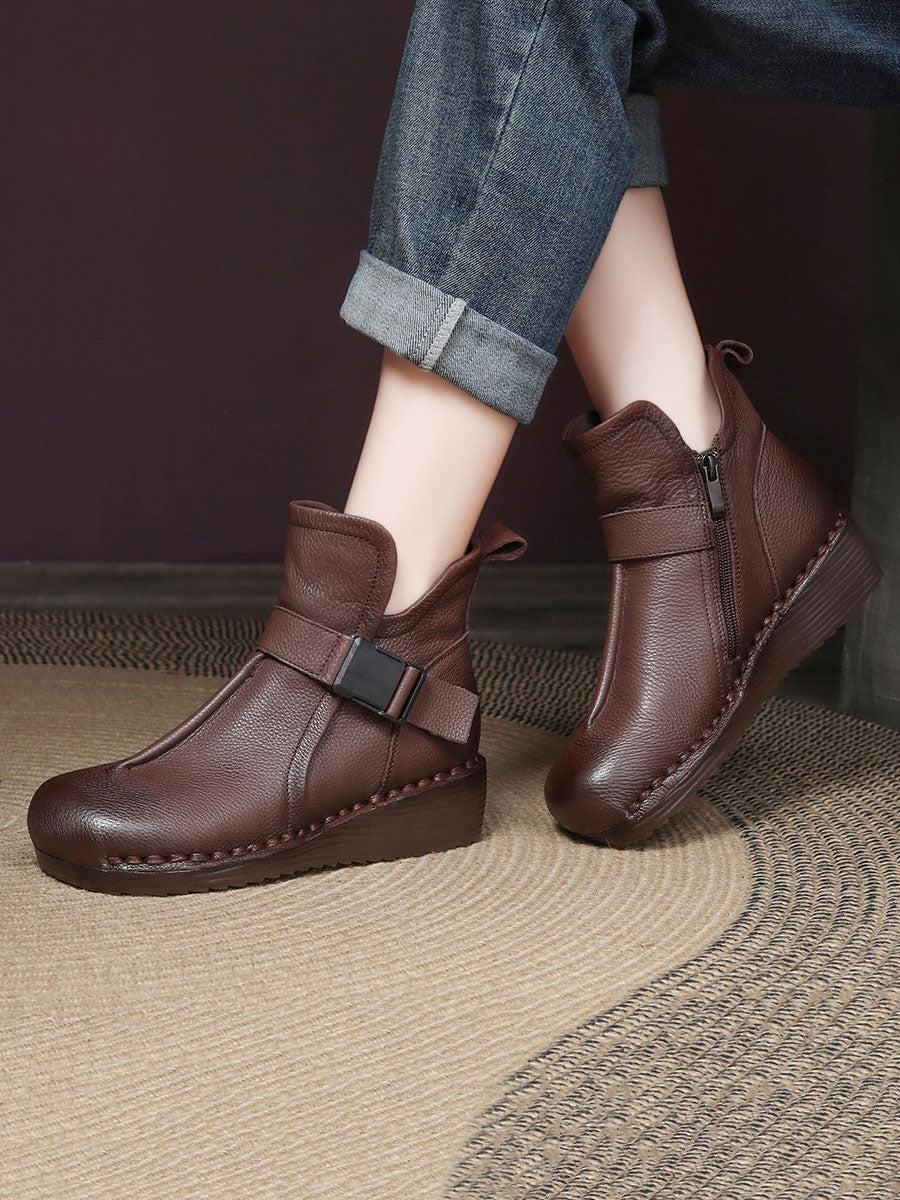 Retro Leather Spliced Mid Heel Ankle Boots